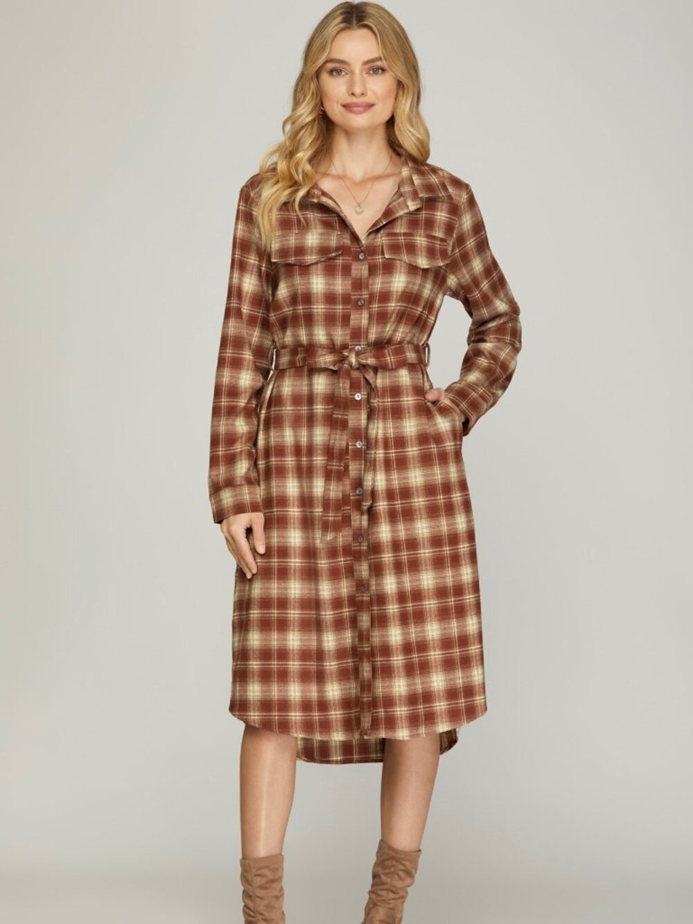 Belted Plaid Shirtdress
